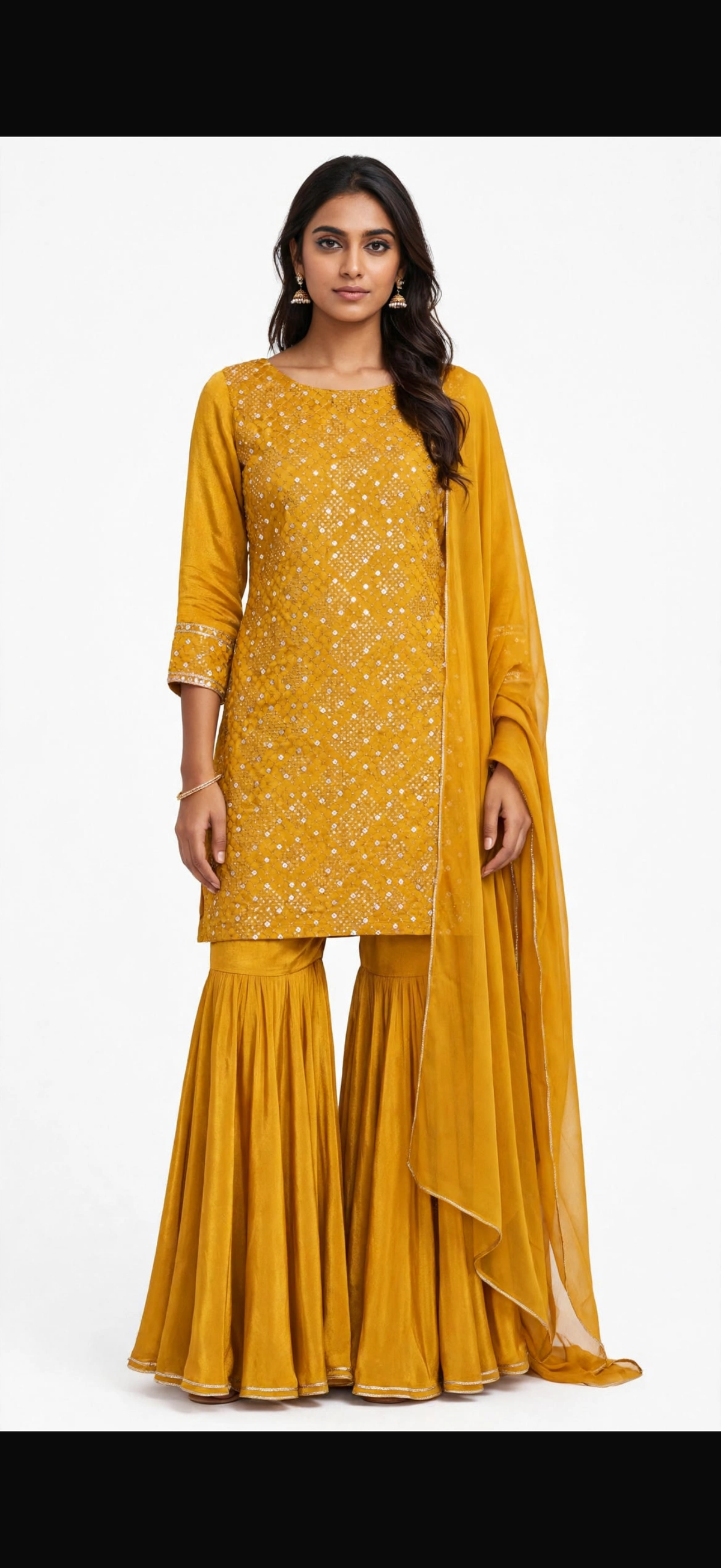 Women's Mustard Yellow Chinon Sharara Set with Sequin Work & Dupatta - Festive Wear