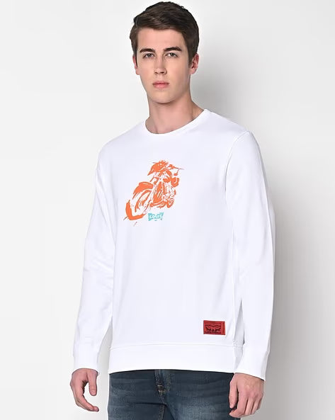 Men's White Crew Neck Sweatshirt with Motorcycle Graphic Print