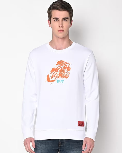 Men's White Crew Neck Sweatshirt with Motorcycle Graphic Print