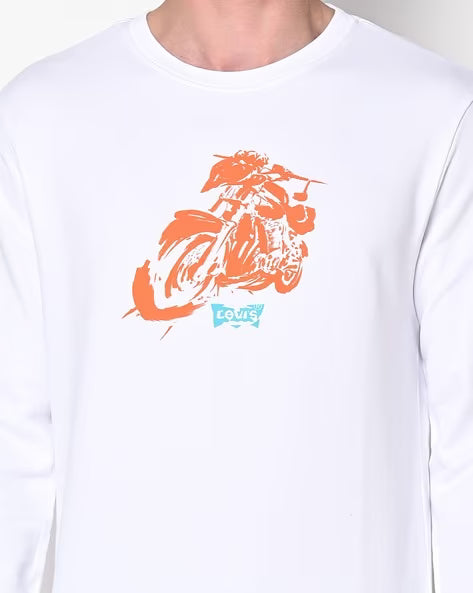 Men's White Crew Neck Sweatshirt with Motorcycle Graphic Print