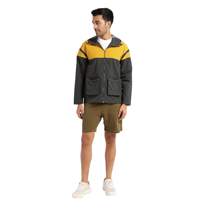 Men's Color Block Hooded Windbreaker Jacket - Yellow & Grey