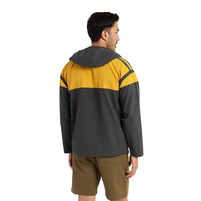 Men's Color Block Hooded Windbreaker Jacket - Yellow & Grey