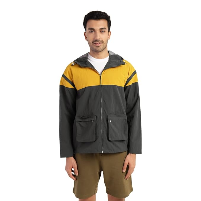 Men's Color Block Hooded Windbreaker Jacket - Yellow & Grey