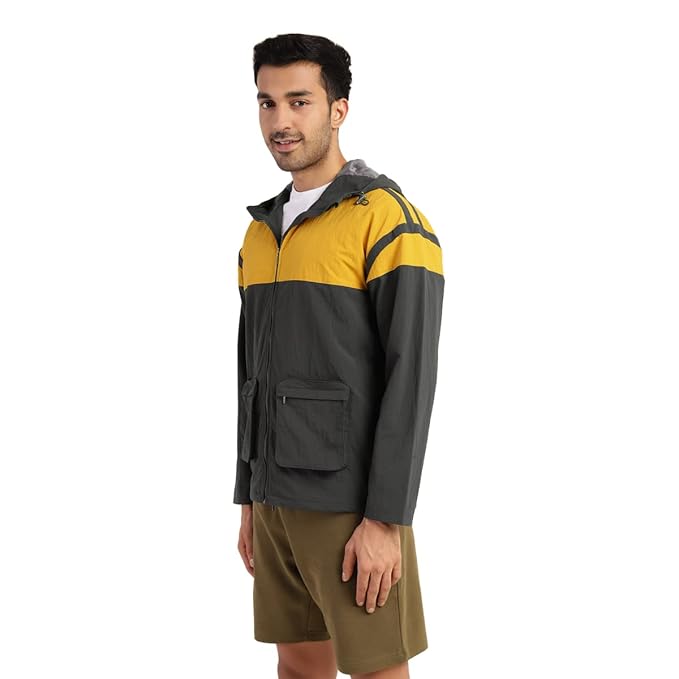 Men's Color Block Hooded Windbreaker Jacket - Yellow & Grey