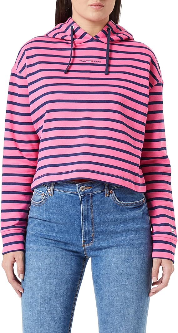 Women's Cropped Striped Cotton Hoodie - Pink, Black, Yellow