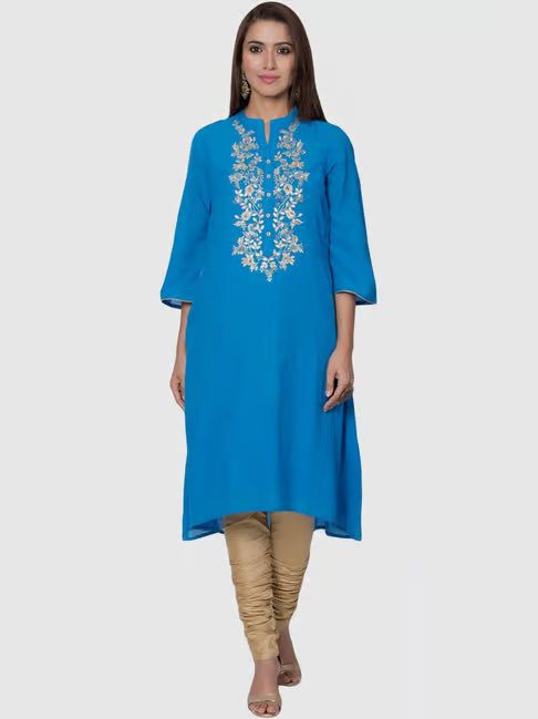 Blue Cotton Embroidered Straight Kurta
