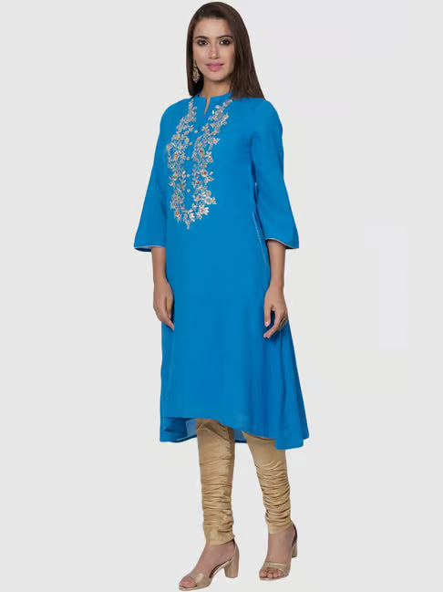 Blue Cotton Embroidered Straight Kurta