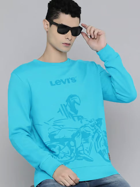 Blue Cotton Regular Fit Printed Sweatshirt
