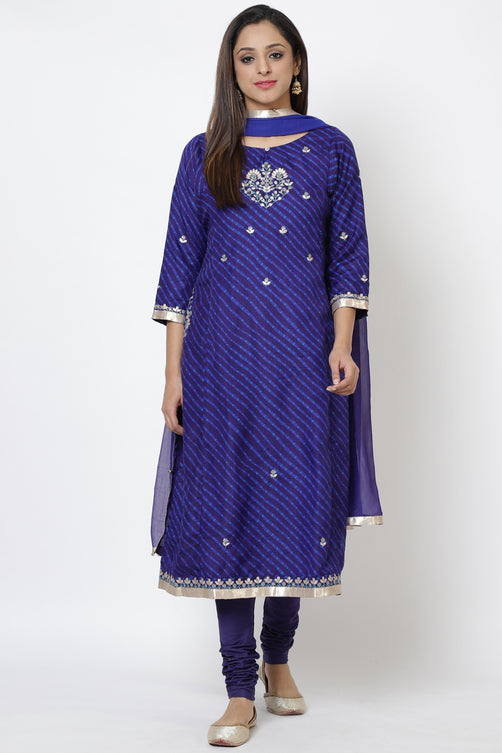 Blue Art Silk A-Line Kurta Churidar Suit Set