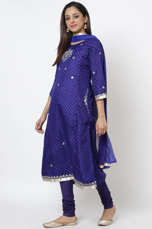 Blue Art Silk A-Line Kurta Churidar Suit Set