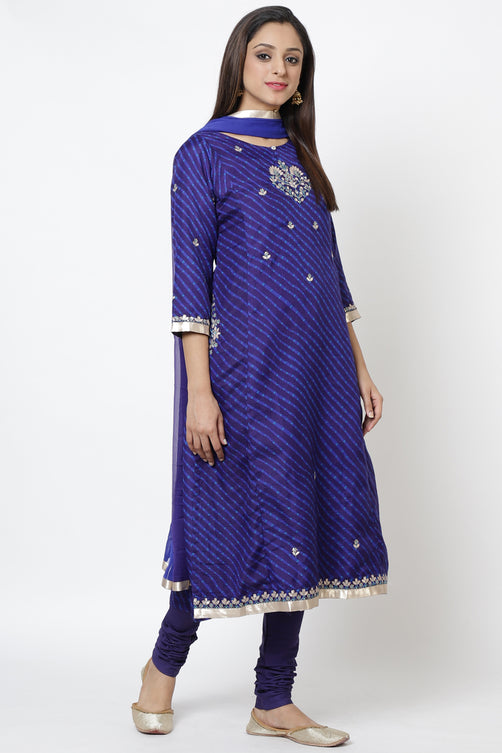 Blue Art Silk A-Line Kurta Churidar Suit Set
