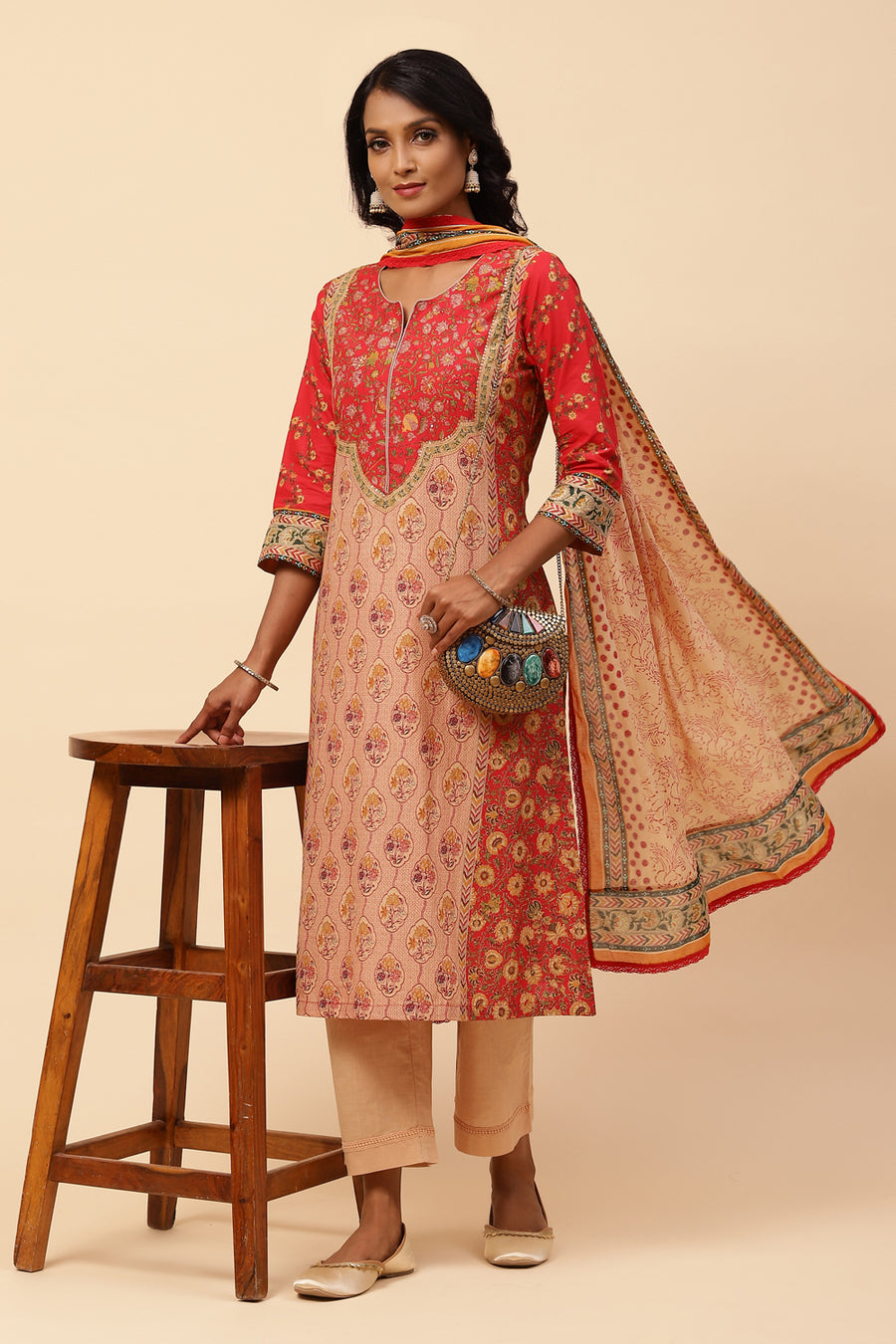 BIBA Red Cotton Straight Kurta Palazzo Suit Set