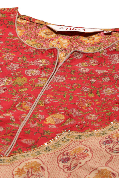 BIBA Red Cotton Straight Kurta Palazzo Suit Set