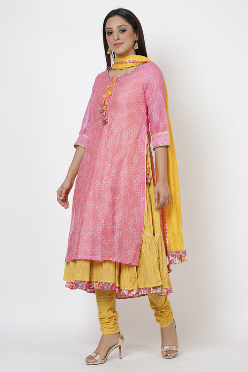 Women Embroidered Cotton Blend A-line Kurta  (Pink)